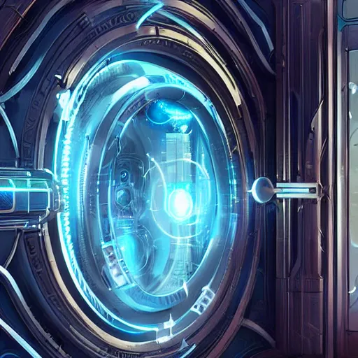 Prompt: a futuristic vault door, elegantly ornamented digital illustration by greg rutkowski, cyberpunk, android netrunner