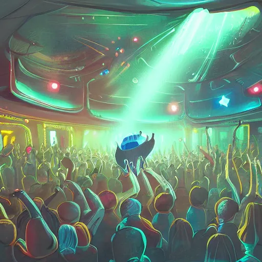 Prompt: nightclub with aliens dancing, highly detailed, artstation, digital painting