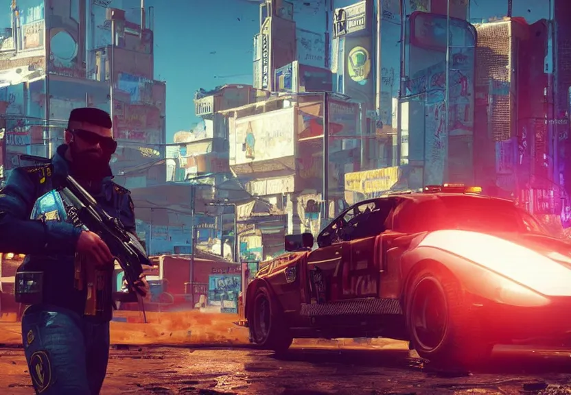 Prompt: Hezbollah Magomedov in cyberpunk 2077 fighting police