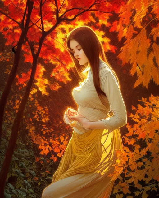 Image similar to Golden autumn, Spreads out Spreads out the leaves, Colorful leaves are lying on the ground, colorful autumn trees, red-yellow colors, falling leaves, D&D, fantasy, intricate, elegant, highly detailed, digital painting, artstation, concept art, matte, sharp focus, illustration, art by Artgerm and Greg Rutkowski and Alphonse Mucha, masterpiece, stunning, artstation