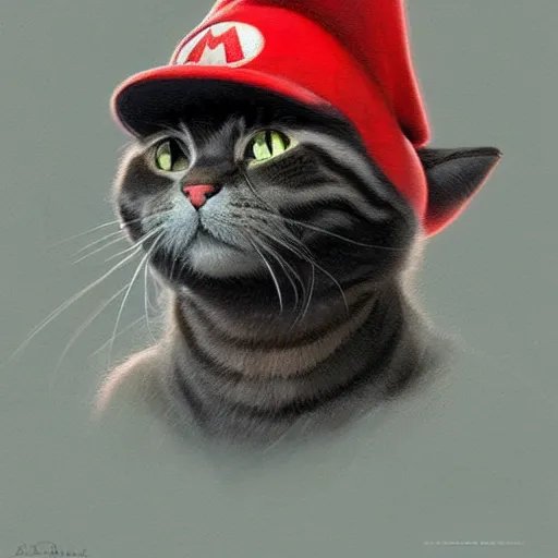 Image similar to Portrait of a Cat wearing a Mario hat, kawaii aesthetic, nintendo, highly detailed, digital painting, artstation, concept art, smooth, sharp focus, illustration, art by artgerm and greg rutkowski and alphonse mucha