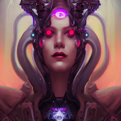 Image similar to a portrait of a beautiful demonic cybernetic grand duchess of hell, cyberpunk concept art by pete mohrbacher and wlop and artgerm and josan gonzales, digital art, highly detailed, intricate, sci-fi, sharp focus, Trending on Artstation HQ, deviantart, unreal engine 5, 4K UHD image