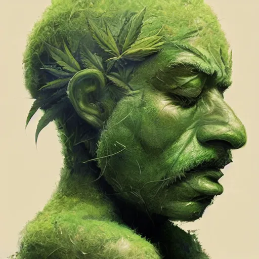 Image similar to a man made of hemp, with a head in the form of a cannabis bloom, man like smurf, green skin, character, art by james jean and greg rutkowski!!, realistic face, digital art,, golden ratio, perfect composition, trending on artstation, 8 k