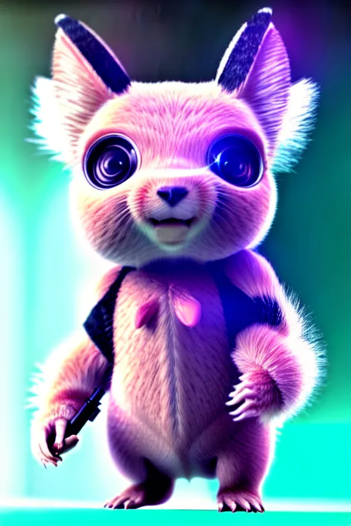 Image similar to high quality 3 d render neo - cyberpunk very cute half fluffy! wombat!! half cyborg with headphones, mechanical paw, highly detailed, unreal engine cinematic smooth, in the style of detective pikachu, hannah yata charlie immer, neon purple light, low angle, uhd 8 k, sharp focus