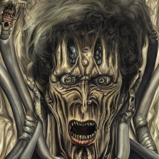 Image similar to painting of Tim Curry in the style of giger, 8k high definition high quality