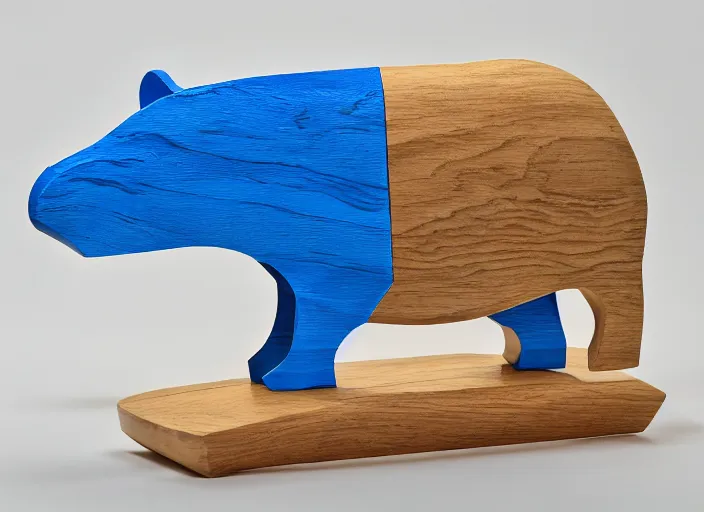 Prompt: a minimalist curvy shaped sculpture of hippopotamus!, ( ( wood ) ) and ( ( blue epoxy ) ) on top mix, cubic blocks stripes cuts, side view profile centered, studio, design, object, reddit