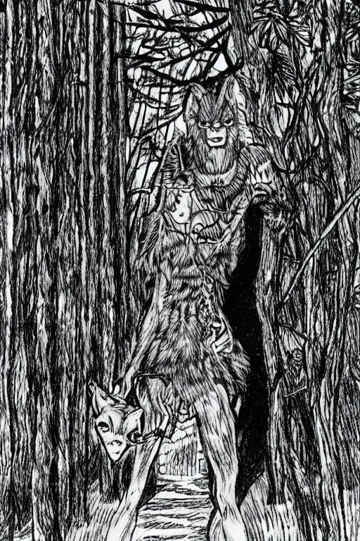 Prompt: a drawing of a werewolf in a forest, by junji ito