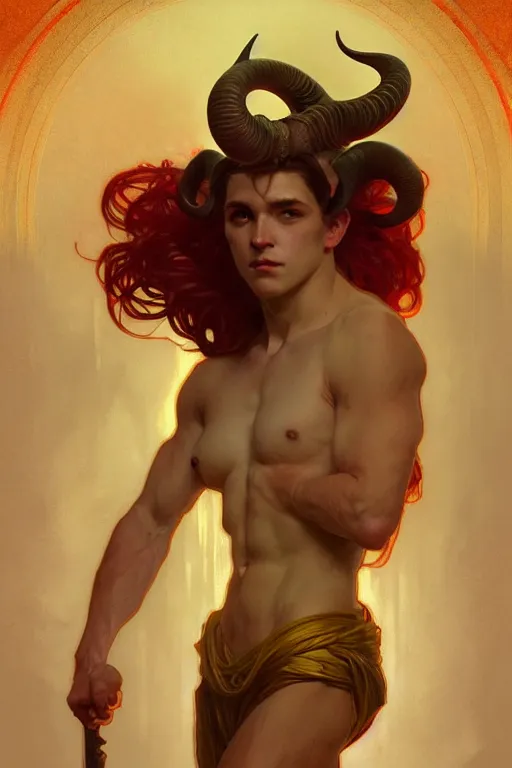 Image similar to full figure beautiful young fit antrophomorphic male ram, great horns, luminous scene, by greg rutkowski and alphonse mucha, d & d character, gradient yellow to red, in hell, highly detailed portrait, digital painting, artstation, concept art, smooth, sharp focus illustration, artstation hq