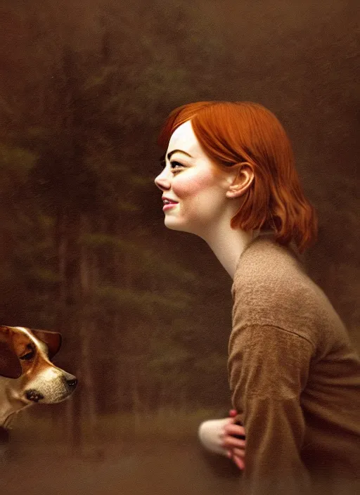 Image similar to portrait bust of emma stone petting a dog, solemn expression, faded color film, russian cinema, tarkovsky, kodachrome, old cabin, next to window, heavy forest outside, long brown hair, old clothing, heavy fog, hudson river school, 4 k, dramatic lighting, greg rutkowski