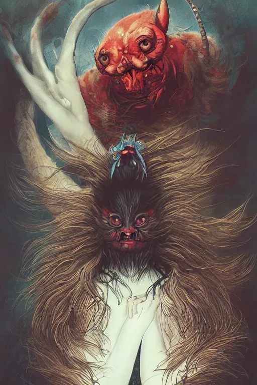 Image similar to a portrait of a japanese horror devil animal illustrated by miyazaki by karol bak, james jean, tom bagshaw, rococo, sharp focus, trending on artstation, cinematic lighting, hyper realism, octane render, 8 k, hyper detailed, vivid, ultra detailed, highly detailed