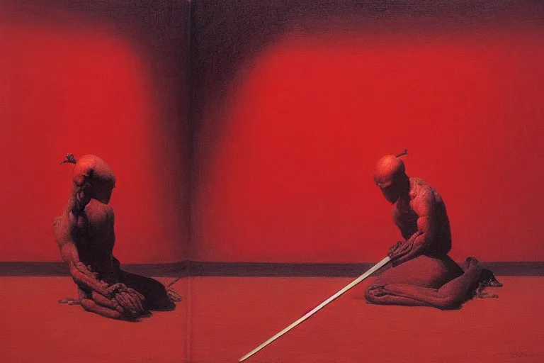 Image similar to only with red, a red samurai do seppuku, tokio, a lot of frogs watch, in the style of beksinski, parts by edward hopper, parts by rodcenko, parts by yue minjun, intricate and epic composition, red by caravaggio, insanely quality, highly detailed, masterpiece, red light, artstation, 4 k