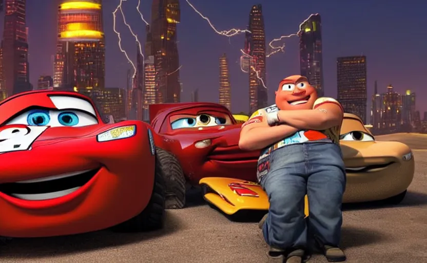 Prompt: vinn diesel and lightning mcqueen from cars 2 hugging, low - light photography, scene from the movie cars 2