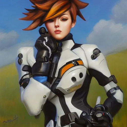 Image similar to oil painting of tracer overwatch in a field, in style of mark arian, expressive face, very detailed face, wearing large detailed black collar, very detailed eyes, full body, feminine face, detailed makeup on eyes,