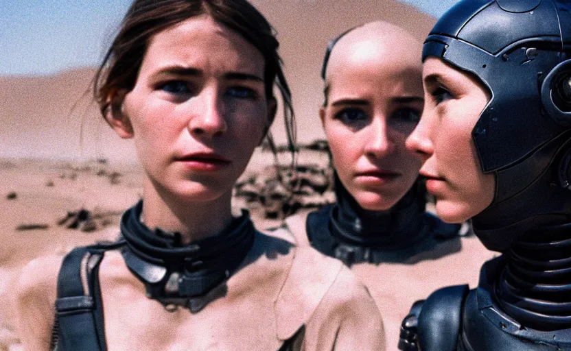 Prompt: cinestill 5 0 d photographic portrait by helen levitt of two loving female androids wearing rugged black mesh techwear on a desolate plain, extreme closeup, modern cyberpunk moody emotional cinematic, dust storm, 8 k, hd, high resolution, 3 5 mm, f / 3 2, ultra realistic faces, ex machina