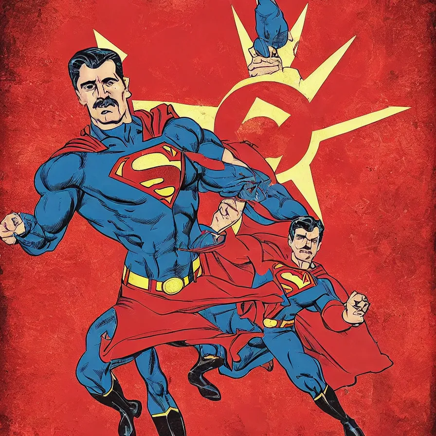 Image similar to epic comic book cover of stalin as superman floating over the red square ( moscow ), hammer and sickle, cccp, ussr, socialist realism, soviet nostalgia, sovietwave aesthetic, photorealistic, intricate digital art, trending artstation, artgem, rich moody colors, fan art, concept art, in the style of the red son