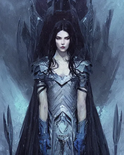 Prompt: a beautiful woman dark hair in an armor with dark eyes, elegant, dark blue, ethereal horror fantasy art by greg rutkowski and magali villeneuve and claude monet