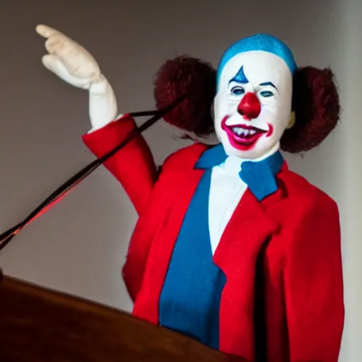 Image similar to string marionette of a president with clown makeup in a podium and a human shadow behind