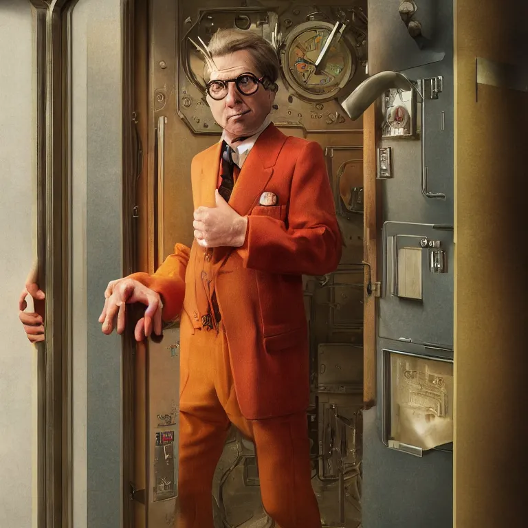 Image similar to professional octane render portrait by wayne barlow and carlo crivelli and glenn fabry, a sinister man in a bright colorful saturated wes anderson elevator operator costume inside a dark and moody vintage elevator in a high - end exotic vintage boutique hotel, very short depth of field, very sharp, high clarity