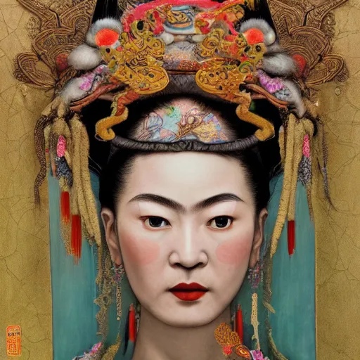 Image similar to ancient chinese goddess, luan bird, artstation, by frida kahlo, by yoshitaka amano, illustration, cinematic, closeup - view, cinecolor, insanely detailed and intricate, hypermaximalist, elegant, ornate, hyper realistic, super detailed, character design, symmetrical face