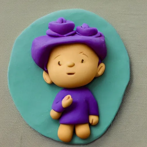 Image similar to the little prince smiling with a purple flower on his hand. made of clay