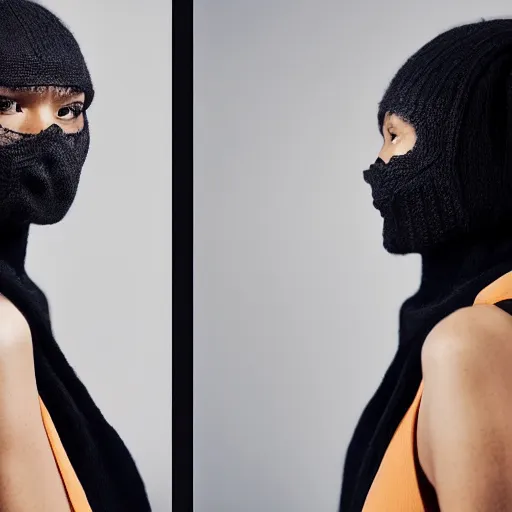 Image similar to realistic photoshooting for a new balenciaga lookbook, color film photography, portrait of a beautiful woman, model is wearing a balaclava mask, in style of tyler mitchell, 3 5 mm,