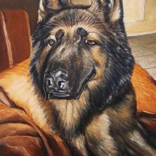 Image similar to a oil painting of a humanoid german shepherd beast - man, wearing military outfit, sitting on the carpeted floor beside a bed