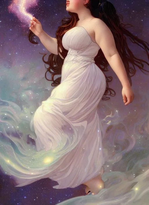 Prompt: a chubby woman with pointed ears, wearing a white sundress, and a swirling sparkling cloud galaxy nebula for hair, realistic painting by ross tran and gerald brom and alphonse mucha, artgerm, trending on artstation