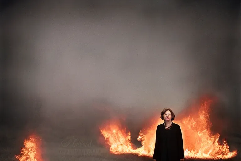 Image similar to a cinematic headshot portrait of a frozen middle aged woman stood in a field, field on fire, ultra realistic, depth, beautiful lighting, by annie leibovitz