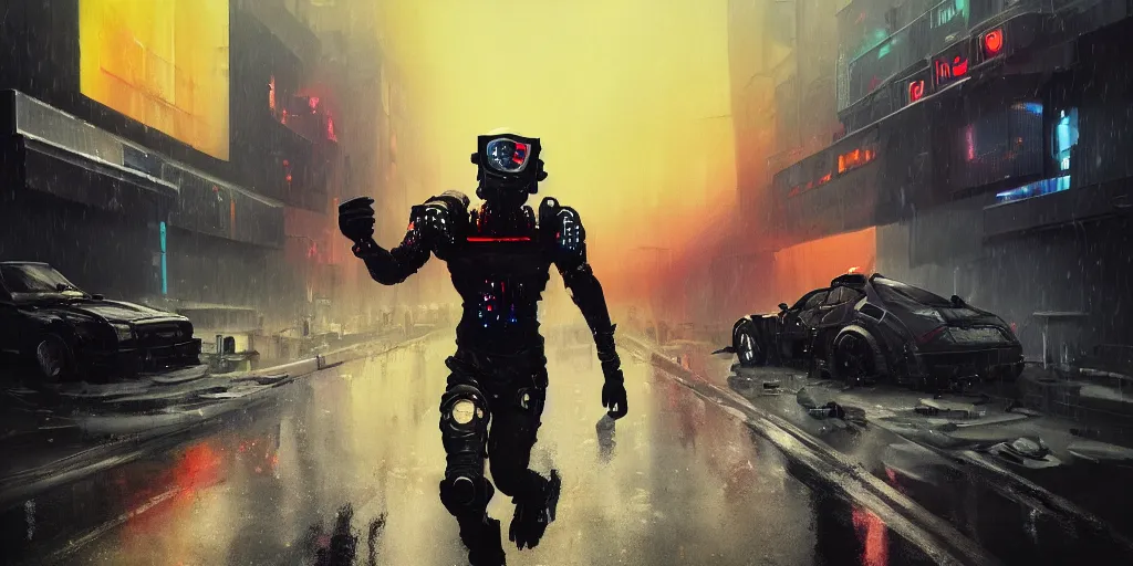 Image similar to Action portrait painting of a cyberpunk supersoldier villian character, armoured in athletic carbon suit head to toe, running towards camera in cyberpunk street, car explosion in background, rain, dark clouds atmosphere, wide shot, asymmetrical, profile picture, Organic Painting, sunset dark dramatic, matte painting, bold shapes, hard edges, street art, wide angle lens, trending on artstation, by Sachin Teng