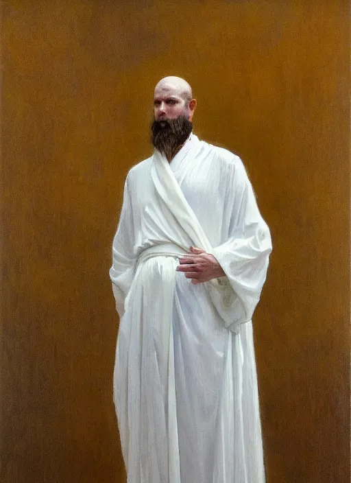 Prompt: an oil painting of a tall person in flowing white robes standing in a hazy, gloomy, dark room, art nouveau in the style of john singer sargent, greg rutkowski, maxfield parrish and alphonse mucha
