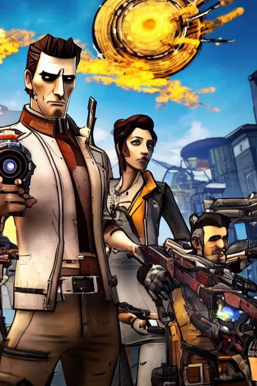 Prompt: handsome jack in the centre of the frame with borderlands 2 backdrop