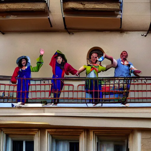 Image similar to dwarfs jumping from balcony, photography