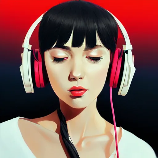 Prompt: a woman with headphones on, digital painting masterpiece, by ilya kuvshinov and rockin jelly bean