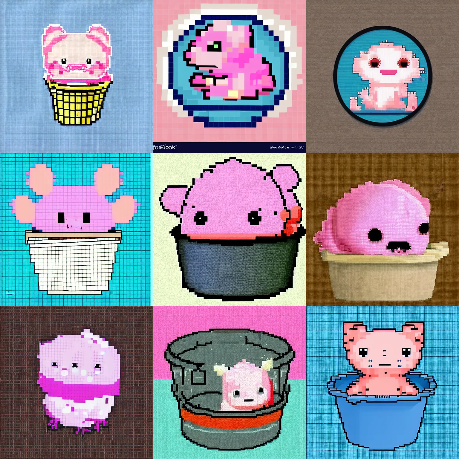 Prompt: cute round face pink axolotl in a bucket, pixel art, award winning, pixilated, digital art, matte