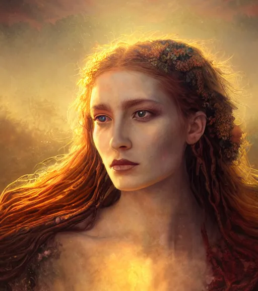 Image similar to majestic gracious regal persephone portrait, ancient greece, mysterious atmospheric lighting, elysian fields, painted, intricate, iridescent, volumetric lighting, beautiful, rich deep colours masterpiece, golden hour, golden ratio, sharp focus, ultra detailed, by leesha hannigan, ross tran, thierry doizon, kai carpenter, ignacio fernandez rios