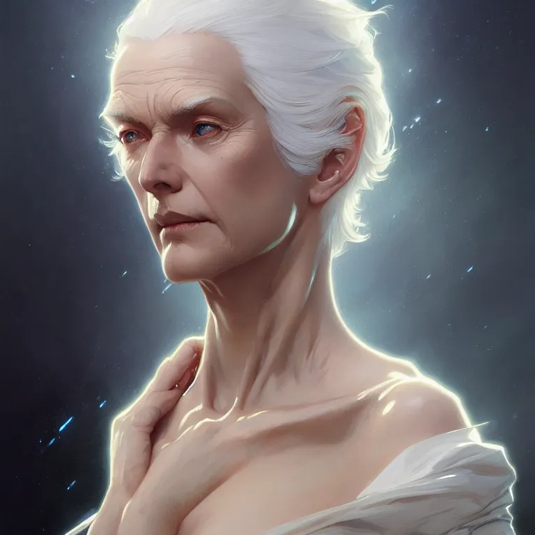 Image similar to gallent whitehaired portrait, sci-fi face, elegant, highly detailed, digital painting, artstation, concept art, smooth, sharp focus, illustration, art by artgerm and greg rutkowski and alphonse mucha