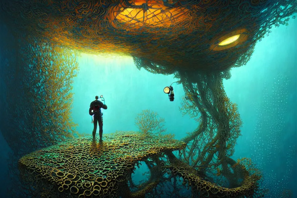 Image similar to gediminas pranckevicius detailed portrait of a cyberpunk scuba diver inside a coral dmt lsd acid caustics volumetric light octane render portal by james r eads and tomasz alen kopera looking up underwater godrays