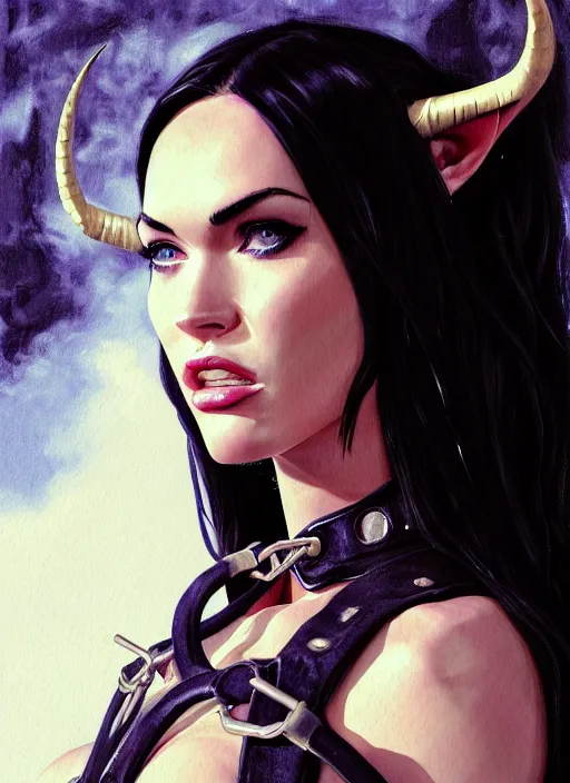 Prompt: portrait of megan fox as a evil demon with hornes, collar and leash, batwings, hell, dark, intricate, headshot, key visual, conceptart, ambient lighting, highly detailed, digital painting, artstation, concept art, sharp focus, by makoto shinkai and akihiko yoshida and greg manchess