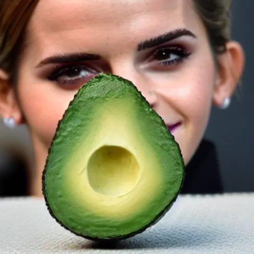 Prompt: emma watson as an avocado chair, macro portrait