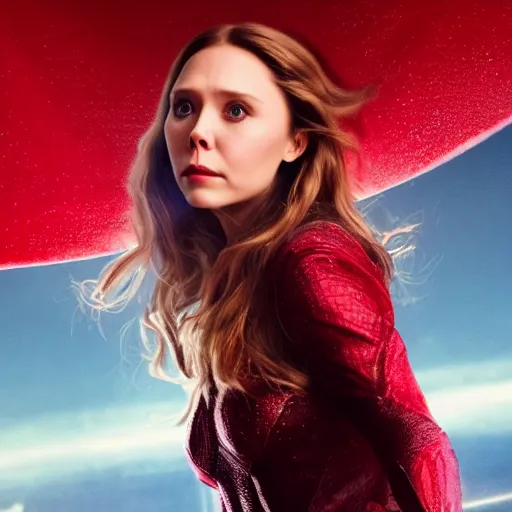 Image similar to movie still of elizabeth olsen as the scarlet witch afloat!!!!! in the air with red glowing eyes, emanating red magic!!!!! from her palms, full - body portrait, trending on artstation, 8 k quality, cgsociety contest winner, artstation hd, artstation hq, luminous lighting, beautiful cloudy atmosphere