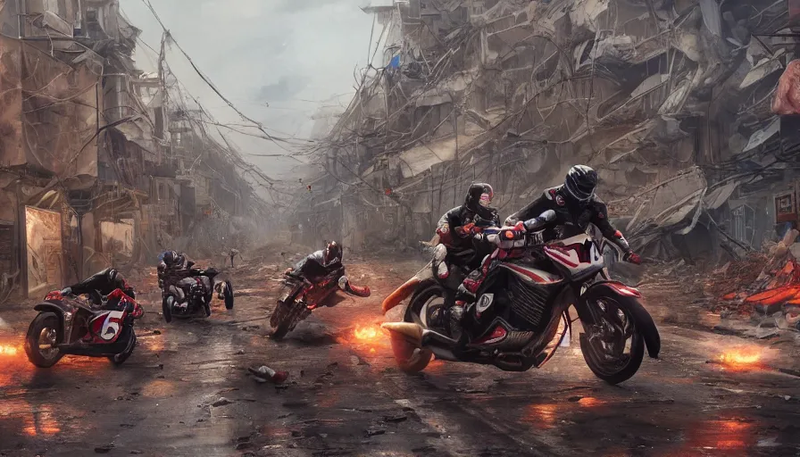 Image similar to Motorcycle race in the streets of a destroyed city, hyperdetailed, artstation, cgsociety, 8k