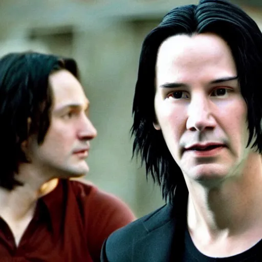 Image similar to Film Still of a Young Keanu Reeves playing a Young Severus Snape in Harry Potter, Film Still, realistic, hyperrealistic, very realistic, very very realistic, highly detailed, very detailed, extremely detailed, detailed, detailed face, very detailed face, very detailed face, realism, HD Quality, 8k resolution, intricate details, body and head in frame, Real Life