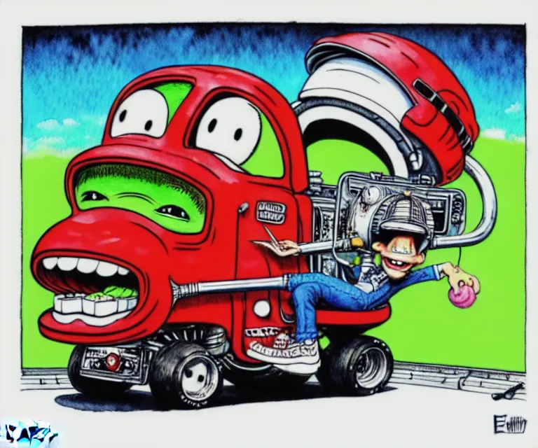 Prompt: cute and funny, troll - face, wearing a helmet, driving a hotrod, oversized enginee, ratfink style by ed roth, centered award winning watercolor pen illustration, isometric illustration by chihiro iwasaki, the artwork of r. crumb and his cheap suit, cult - classic - comic,