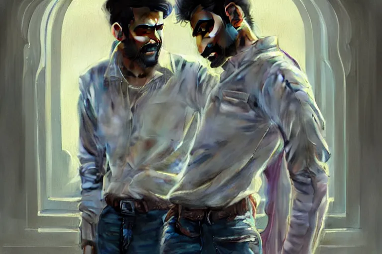 Image similar to Anxious good looking pale young Indian doctors wearing jeans and shirts at the airport, portrait, elegant, intricate, digital painting, artstation, concept art, smooth, sharp focus, illustration, art by artgerm and greg rutkowski and alphonse mucha