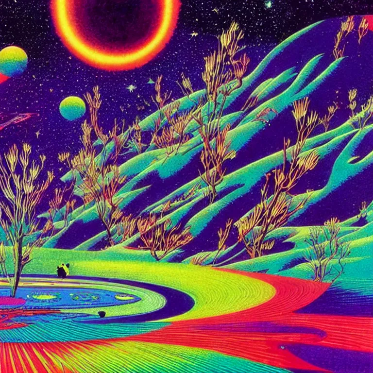 Image similar to edge of interstellar space, bright neon colors, highly detailed, cinematic, hiroo isono, eyvind earle, philippe druillet, roger dean, lisa frank, aubrey beardsley, ernst haeckel