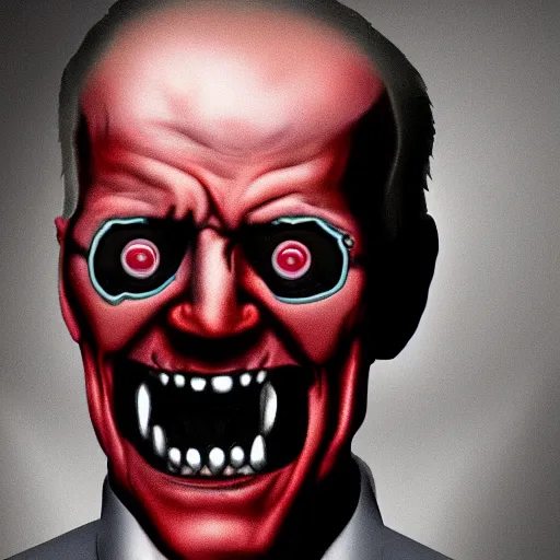 Image similar to hyper realistic terror photo Doom horror furious glowing red eyes biden