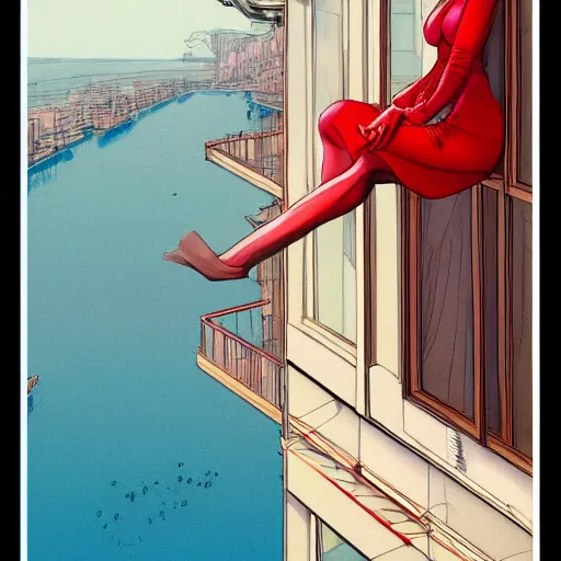 Prompt: a beautiful artwork of a woman in red dress sitting on the balcony of a hotel top view, by Jerome Opeña, featured on artstation