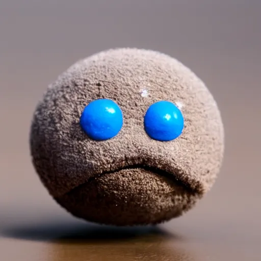 Image similar to photo of a small round creature made of dirt with round blue eyes and a round clown nose and a cute smile