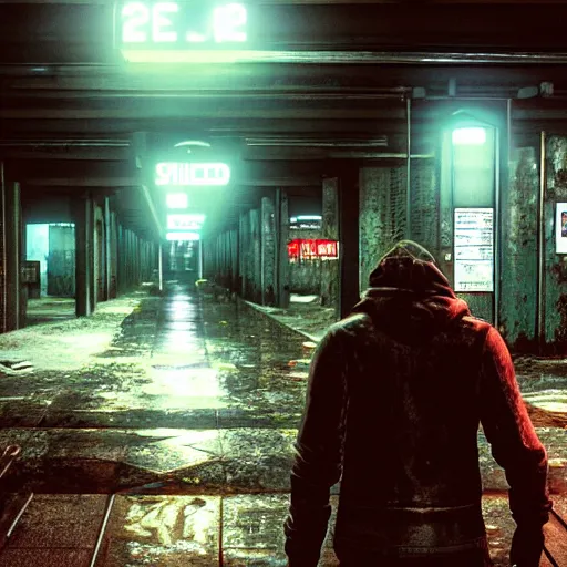 Image similar to silent hill abandoned underground subway homeless filthy horror slum low light sadness lonely. Cyberpunk 2077. CP2077. 3840 x 2160