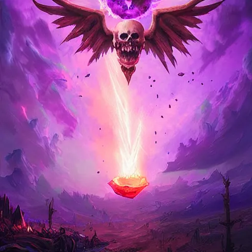 Image similar to flying skulls with violet fire trails, violet theme, magic spell art, epic fantasy digital art style, fantasy artwork, by Greg Rutkowski, fantasy hearthstone card art style